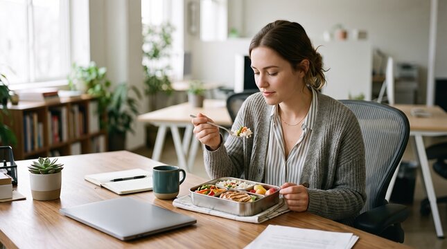 Woman eating lunch at work desk
