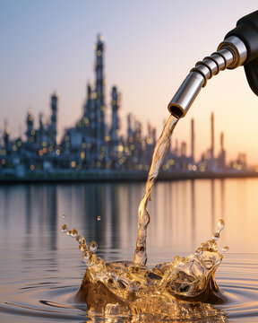 Fueling the Future: A close-up of a fuel dispenser nozzle pouring gasoline into rippling water, with a vast industrial refinery complex silhouetted against a vibrant sunset sky in the background.
