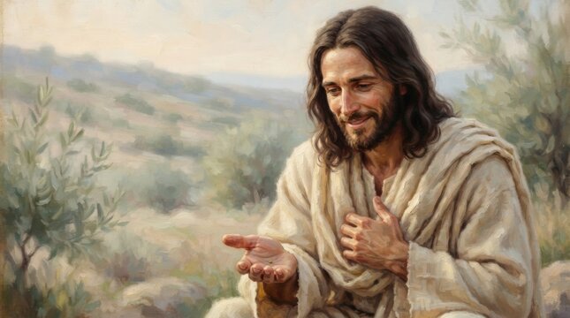 Smiling Jesus Christ holding mustard seed in palm outdoors with hill landscape. Parable of faith and kingdom of heaven. Biblical teaching and christian spirituality illustration for Easter
