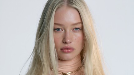 Naklejka premium Close up portrait of a young blonde woman with blue eyes and freckles looking directly at the camera against a plain white background.