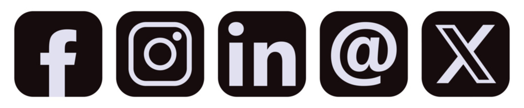 Social media icon collection featuring Facebook, Instagram, LinkedIn, email, and X symbols on a clean white background