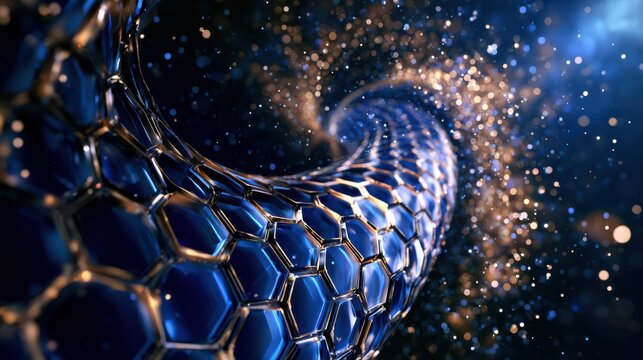 A 3D visualization of a hexagonal carbon nanotube structure with glowing particles swirling around it in a deep blue space.