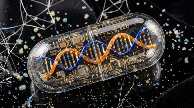 DNA helix inside a futuristic medical capsule for genetic engineering and biotechnology.