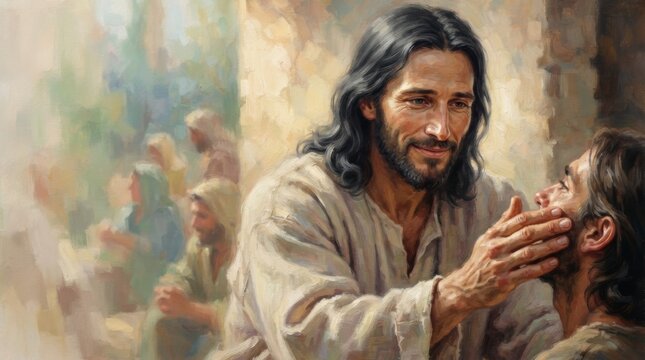 Compassionate man touching the face of a child among a gathered crowd. Spiritual healing, faith, kindness, mercy, and religious devotion portrayed in expressive painterly style.