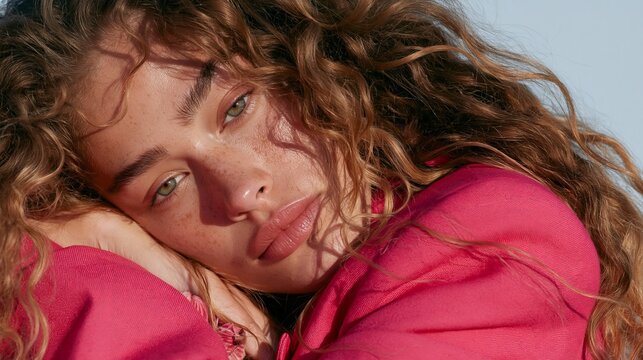 Close up portrait of a young woman with curly hair resting her head on her hand while wearing a bright pink jacket outdoors.