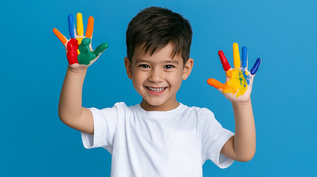 Artistic Child Hands: A young boy with a radiant smile proudly displays his hands painted with vibrant rainbow colors, embodying creativity and youthful joy.