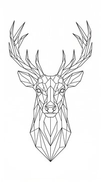Geometric deer head illustration in minimalist polygonal style, an artistic depiction of a stag with majestic antlers, rendered with clean lines.