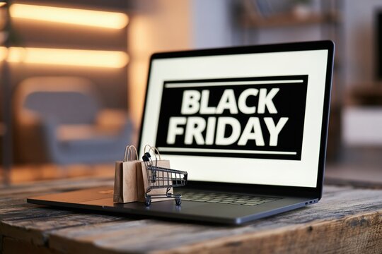 Laptop displaying a black friday sale with a miniature shopping cart and paper bags