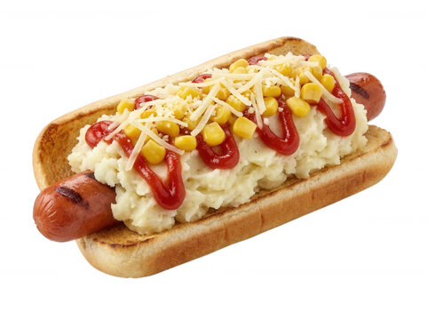 Hot dog topped with mashed potatoes and corn on transparent background