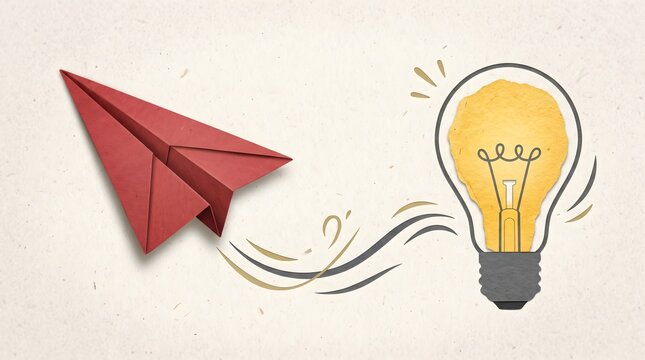 Creative startup launch concept featuring red paper airplane flying towards yellow papercut lightbulb symbolizing innovation