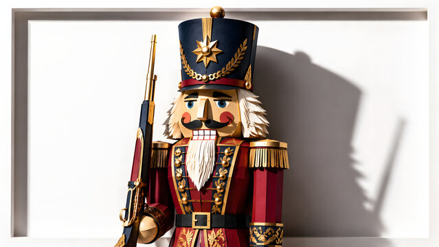 A wooden nutcracker soldier stands at attention with a musket detailed craftsmanship