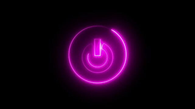 Neon Power button icon animation glowing pink color shutdown switch screen turn on off button computer mobile phone startup stop sign closed icon on black background