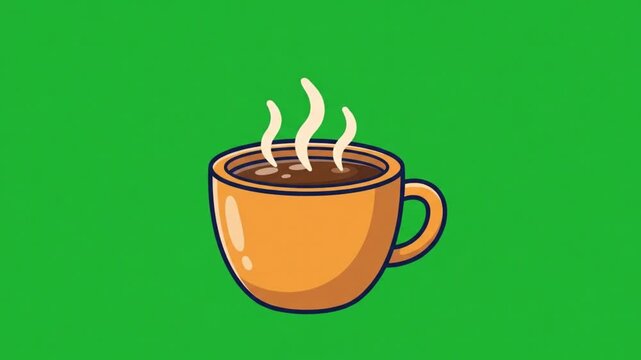 Hot coffee cup with steaming smoke animation on green screen background