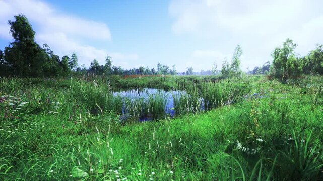 Sunlit wetland pool with tall cattails and soft golden light, gentle breeze visible in grasses, hopeful rewilding theme, clear sky, promising conservation