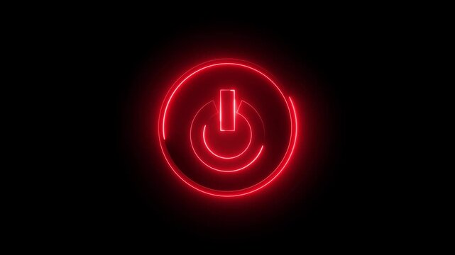 Neon Power button icon animation glowing red color shutdown switch screen turn on off button computer mobile phone startup stop sign closed icon on black background