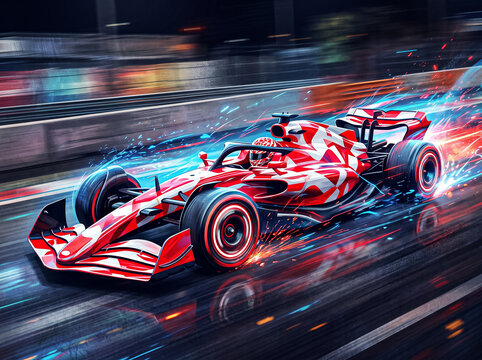 bright red and white racing car speeding across a wet track with colorful light effects and sparks