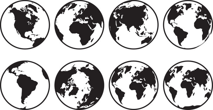 Globe and world map vector set silhouette with different continents and global earth design elements