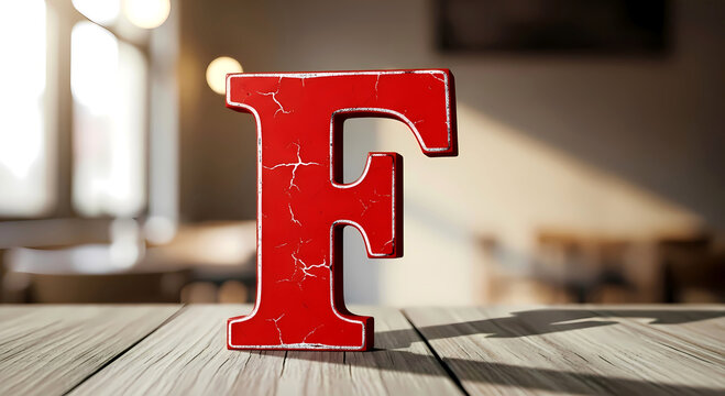 Bold Red Letter F with Cracked Texture on Wooden Table in Softly Lit Cafe