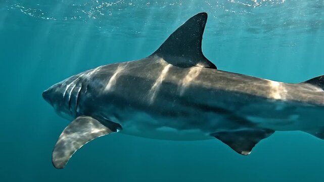 Great white shark making close slow pass in front of underwater camera, eye visible, dermal denticle skin texture, dramatic wildlife ocean concept.