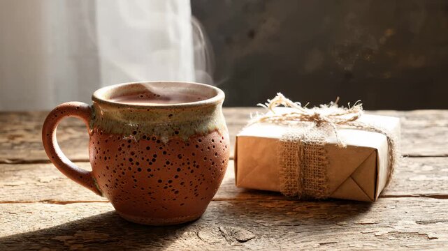 Steaming Hot Beverage in a Rustic Ceramic Mug Next to a Wrapped Gift on a Wooden Table