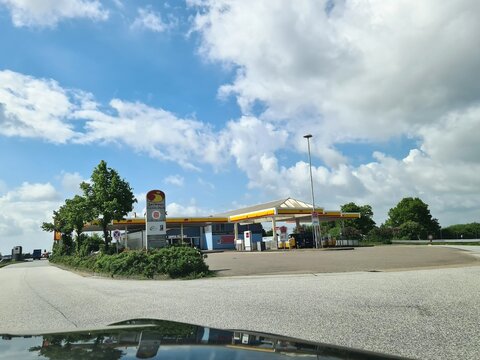 Hamburg, Germany - 26. June 2026: Shell Sarways gas station in Hamburg on a cloudy day