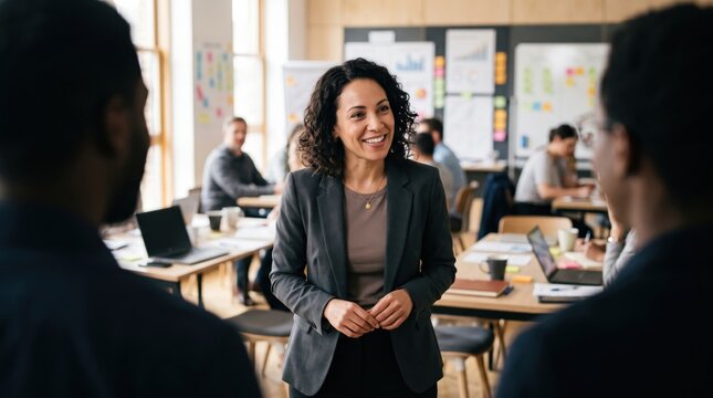 Businesswoman leading team during collaborative office meeting with confident smile and diverse colleagues