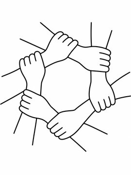 Four hands holding and pulling thick ropes together in unity