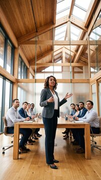 Woman executive presenting in modern wooden conference room with attentive colleagues and glass skylight, creating confident professional atmosphere