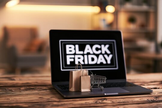 Laptop displaying a black friday sale with a miniature shopping cart and paper bags