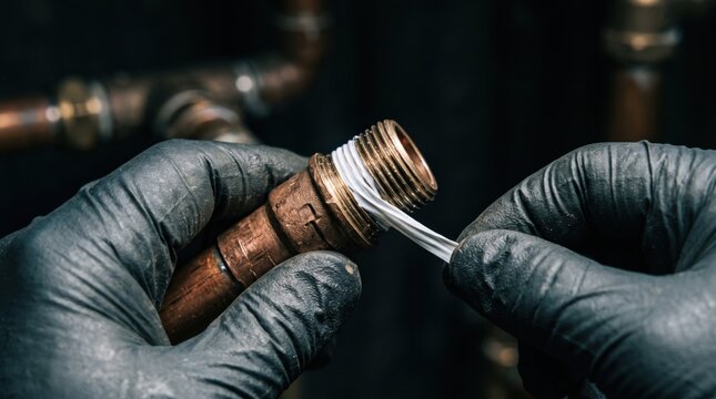 Plumber applying thread seal tape to copper pipe fitting with gloved hands during professional plumbing repair, showing careful preparation and skilled workmanship