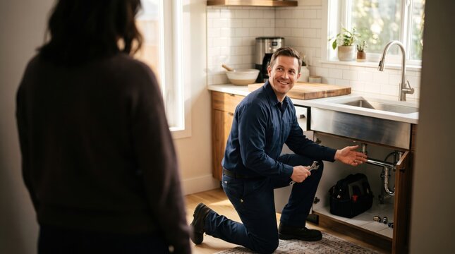 Plumber explaining maintenance to homeowner during kitchen sink repair with friendly expression, practical service discussion, and open cabinet revealing plumbing tools