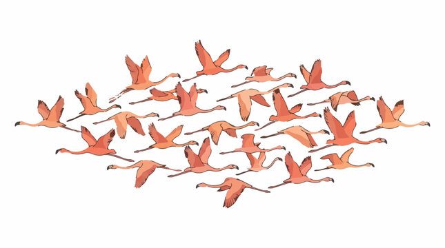 A large flock of pink flamingos flying together in the sky