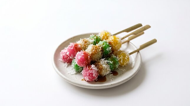 Indonesian kue cenil, colorful skewered tapioca balls coated in grated coconut and drizzled with brown palm sugar syrup on a ceramic plate, side angle isolated on white background.