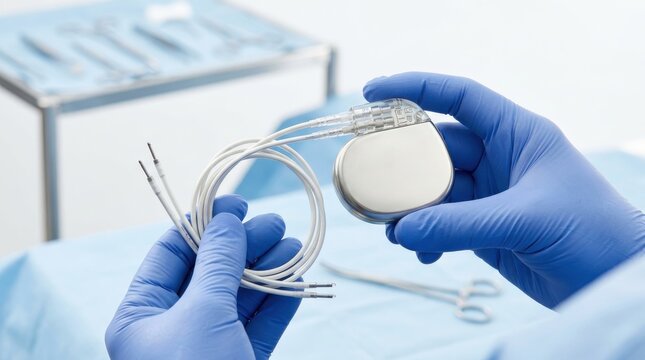 Medical professional holding a modern cardiac pacemaker with leads in a sterile operating room environment