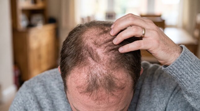 Concerned man examining thinning hair and receding hairline in mirror, male pattern baldness and alopecia, personal grooming and hygiene struggle, aging process and health anxiety