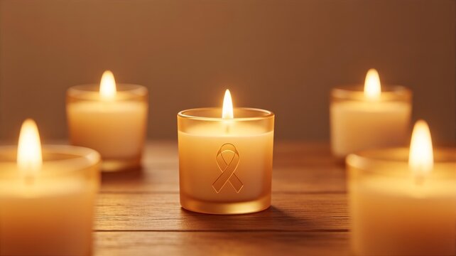 Breast Cancer Awareness Ribbon Candle with Glowing Candles on Wooden Table, Hope and Remembrance Concept