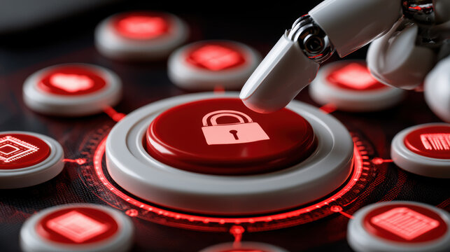 Cybersecurity lock button with robot finger pressing it, digital protection concept with red glowing icons and futuristic technology interface