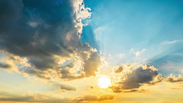 Majestic golden sunset sky with dramatic clouds and glowing sunbeams