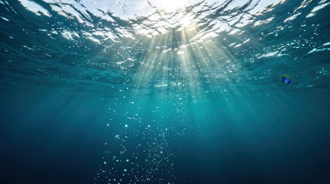 Underwater view looking up at the surface with bright sun rays penetrating the blue ocean water and rising air bubbles, creating an abstract aquatic texture for marine themes