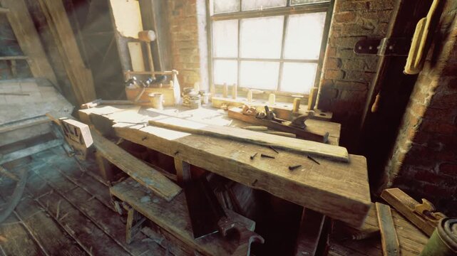 Goldenhour restoration workstation with wooden chair and bench near bright window, soft rays illuminating tool tray, clamps and measured planks intimate