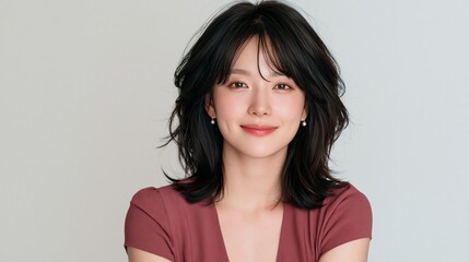 Fototapeta premium Portrait of a smiling woman with dark wavy hair wearing a maroon top against a plain light gray background in a studio setting.