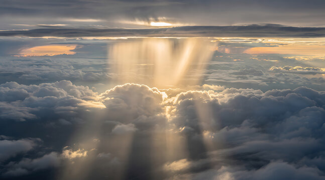 Stunning sunset rays piercing through thick cloud layers with a dramatic sky above the horizon
