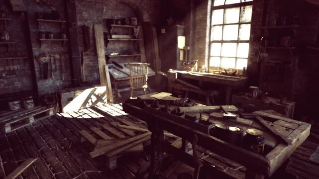 Restoration workshop scene with stacked planks, scattered tools and window light, workspace prepared for antique repair and furniture revival, textures of worn