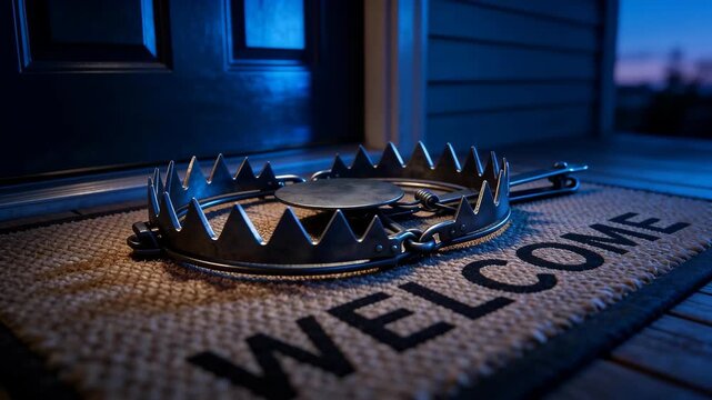 Close-up of a loaded steel bear trap on a WELCOME doormat in front of an entrance door. Hypocrisy, passive aggression, hidden danger and malice behind hospitality concept