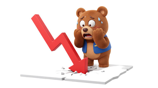 Worried 3d cartoon bear watching red market arrow crash down
