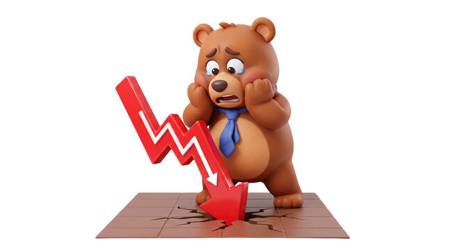 Sad 3d bear character watching red stock arrow crash