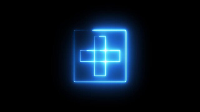 Neon plus sign icon animation glowing blue color neon sign positive mathematic accountancy calculating icon sign symbol on black background	