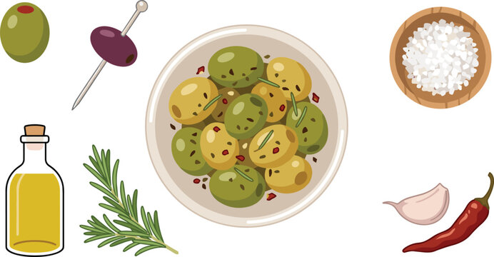 Healthy Mediterranean appetizer vector clip art set featuring seasoned olives bowl olive oil decanter sea salt garlic clove and cocktail toothpick