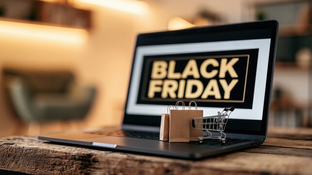 Laptop displaying a black friday sale with a miniature shopping cart and paper bags