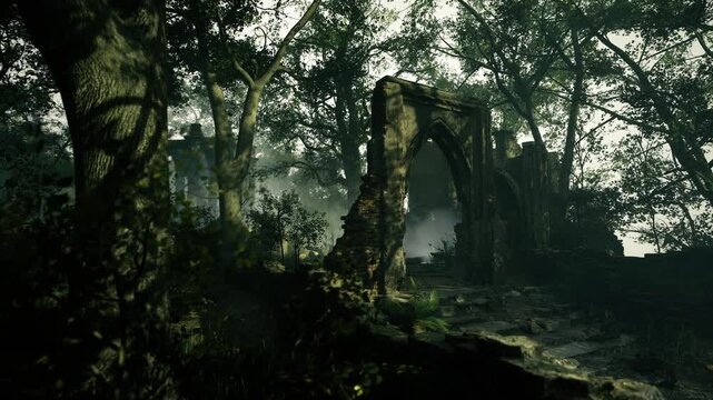 Sun dappled ruined nave among trees, slanted beams striking cracked altar stone, floating dust motes, soft green glow, intimate sacred feeling, great for film